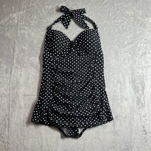 Merona Womens Black White Polka Dot Halter One Piece Swimdress Swimsuit Small